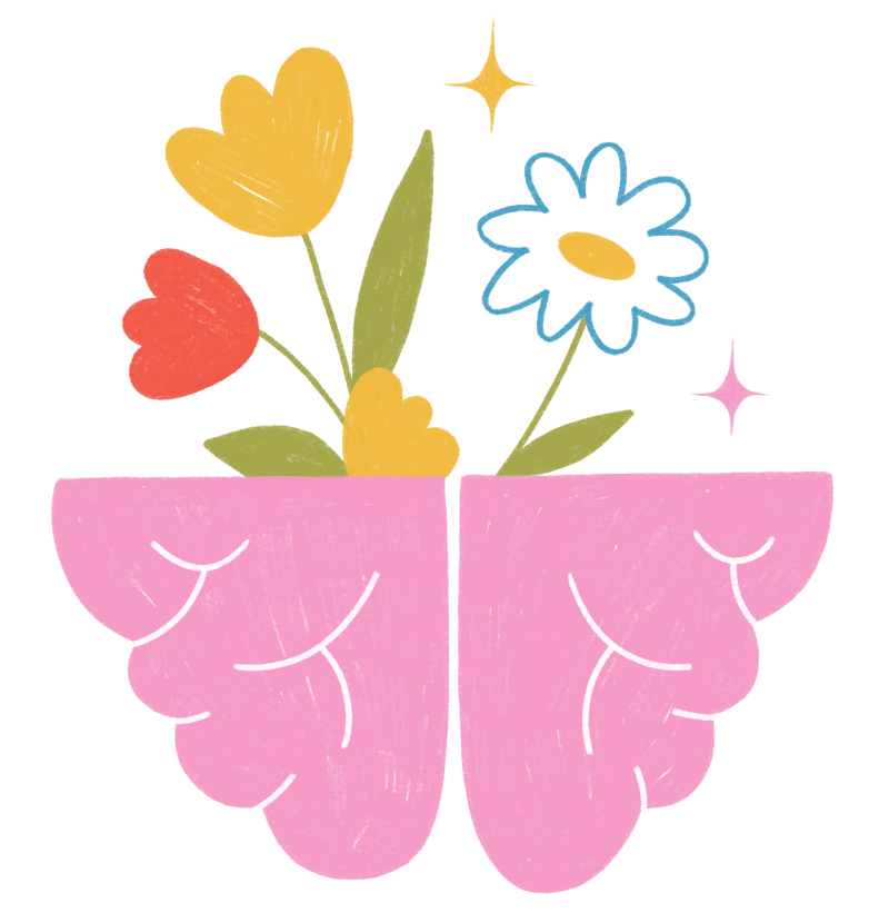 Dibujo de un cerebro donde salen flores.