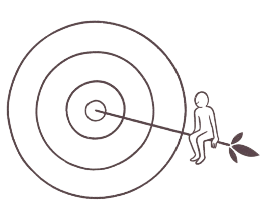 Gráfico de una diana con una flecha en el medio y una persona sentada en la flecha.